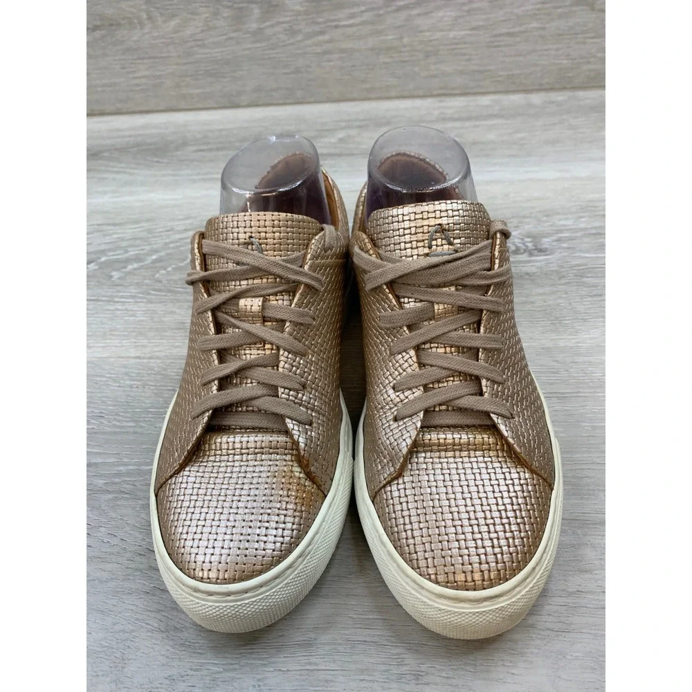 Aquatalia Women's 7 Gold Woven Metallic Leather Low Top Sneakers Made in Italy
